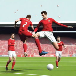 Create a realistic image of a football player with brown hair taking a bicycle kick