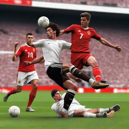 Create a realistic image of a football player with brown hair taking a bicycle kick