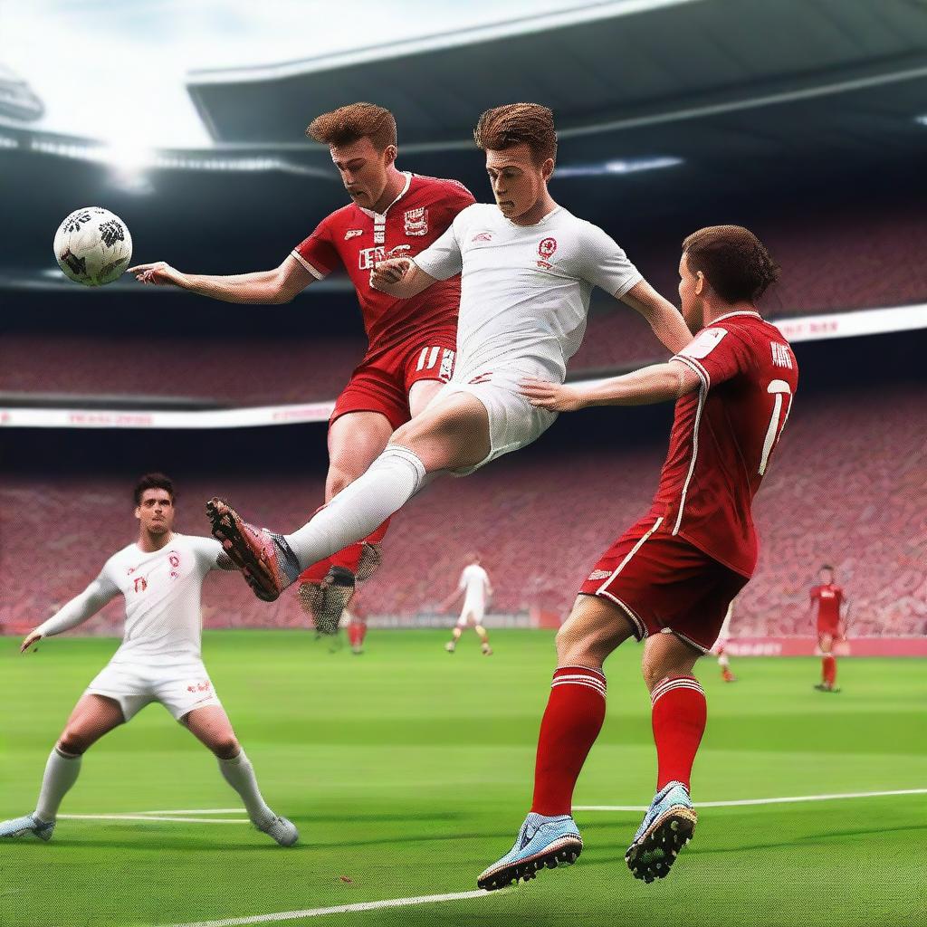 Create a realistic image of a football player with brown hair taking a bicycle kick