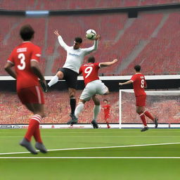 Create a realistic image of a football player with brown hair taking a bicycle kick