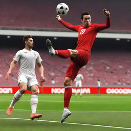 Create a realistic image of a football player with brown hair taking a bicycle kick