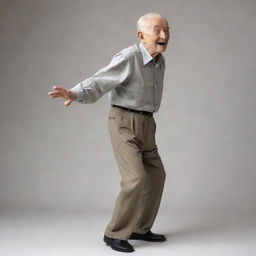 A 100-year-old man in a dynamic side pose, displaying his character and wisdom through his posture and expression.