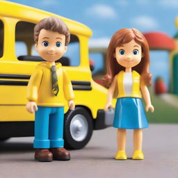 Create an image of a toy named 'Little John Adventures' featuring a character named Teacher Liam and a girl with a school bus