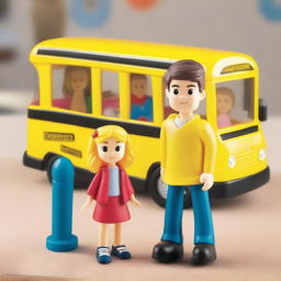 Create an image of a toy named 'Little John Adventures' featuring a character named Teacher Liam and a girl with a school bus