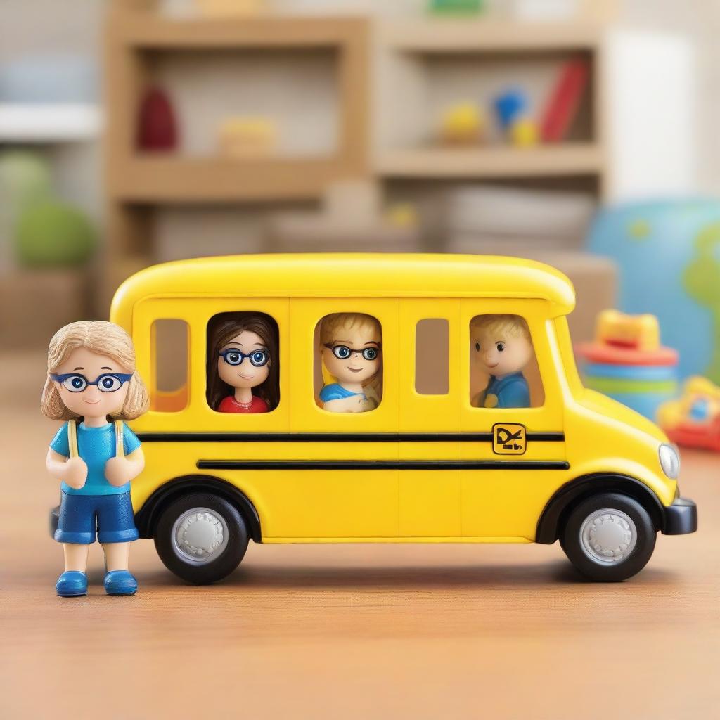 Create an image of a toy named 'Little John Adventures' featuring a character named Teacher Liam and a girl with a school bus