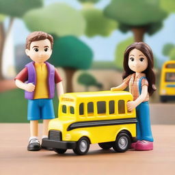 Create an image of a toy named 'Little John Adventures' featuring a character named Teacher Liam and a girl with a school bus