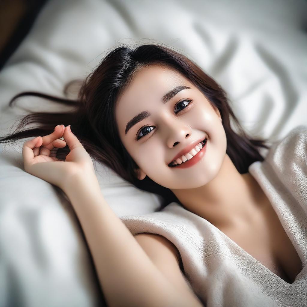 A girl lying on her belly on a bed, looking up and smiling