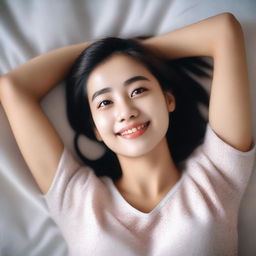 A girl lying on her belly on a bed, looking up and smiling