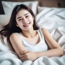 A girl lying on her belly on a bed, looking up and smiling