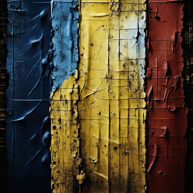 A tattered, torn, and cracked background featuring the Romanian flag's colors—blue, yellow, and red