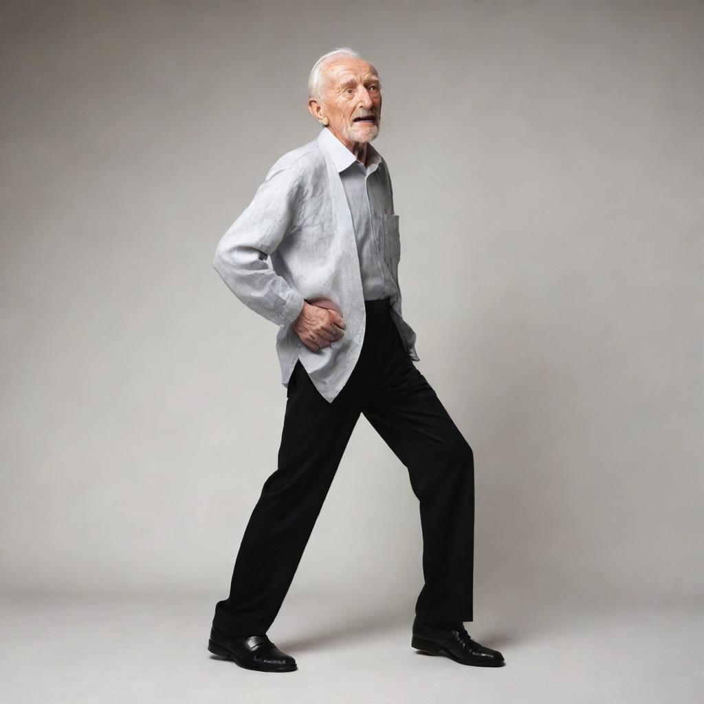 A 100-year-old man in a dynamic side pose, displaying his character and wisdom through his posture and expression.