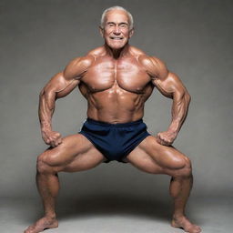 A 100-year-old man with a muscular physique striking a dynamic side pose as a bodybuilder