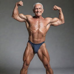 A 100-year-old man with a muscular physique striking a dynamic side pose as a bodybuilder