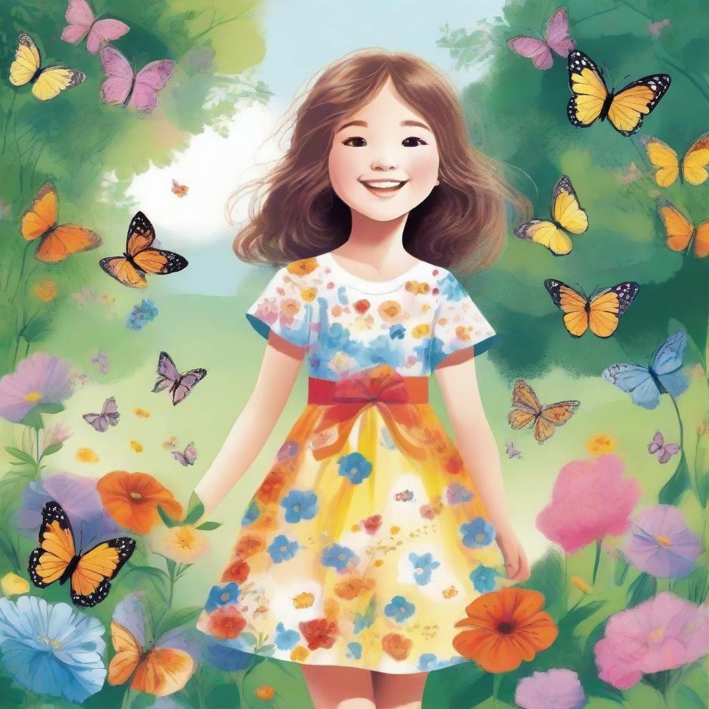 A detailed illustration of a young girl with a joyful expression, wearing a colorful dress and standing in a beautiful garden filled with flowers and butterflies