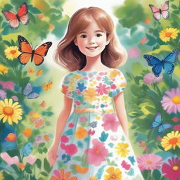 A detailed illustration of a young girl with a joyful expression, wearing a colorful dress and standing in a beautiful garden filled with flowers and butterflies