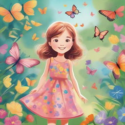 A detailed illustration of a young girl with a joyful expression, wearing a colorful dress and standing in a beautiful garden filled with flowers and butterflies