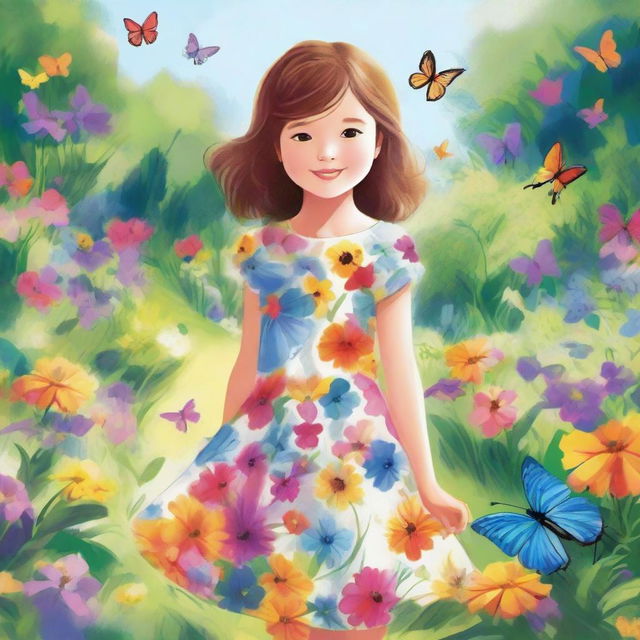 A detailed illustration of a young girl with a joyful expression, wearing a colorful dress and standing in a beautiful garden filled with flowers and butterflies