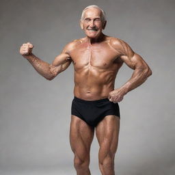 A 100-year-old man with a muscular physique striking a dynamic side pose as a bodybuilder