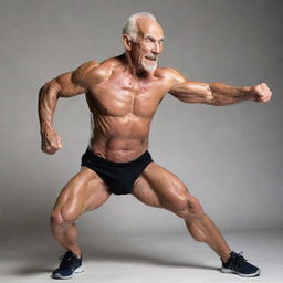 A 100-year-old man with a muscular physique striking a dynamic side pose as a bodybuilder