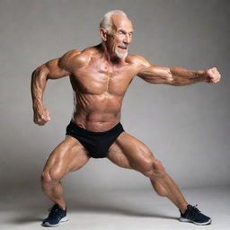 A 100-year-old man with a muscular physique striking a dynamic side pose as a bodybuilder