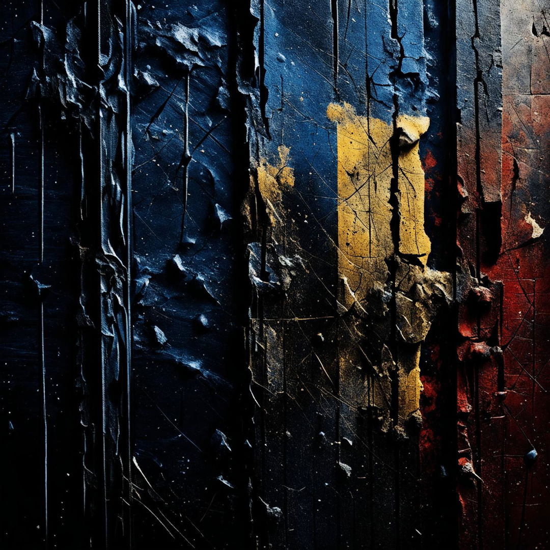 A dark background with tattered, torn, and cracked textures in Romanian colors, featuring a weathered iron rod