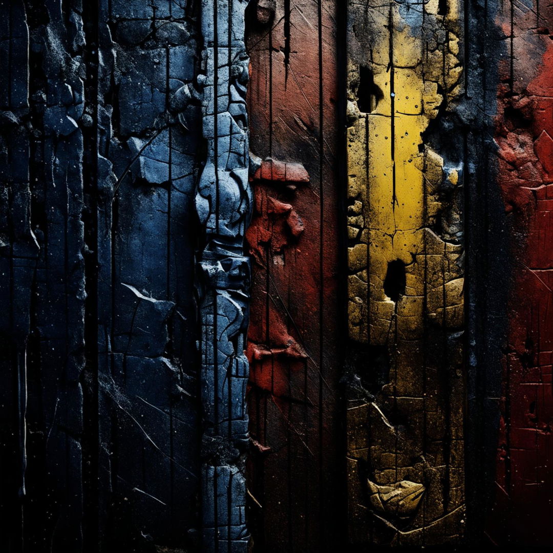 A dark, gritty background with tattered, torn, and cracked textures in Romanian flag colors, featuring a rusted iron rod symbolizing strength and resilience