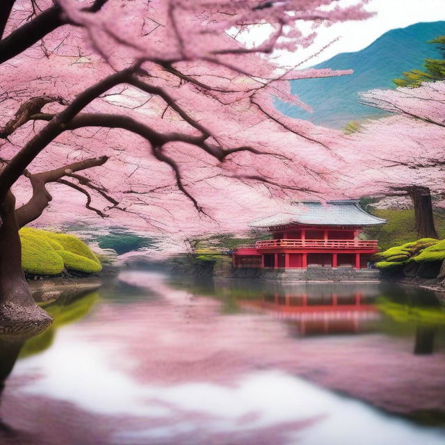 A serene scene of cherry blossoms in full bloom in Japan