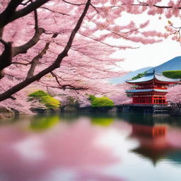 A serene scene of cherry blossoms in full bloom in Japan