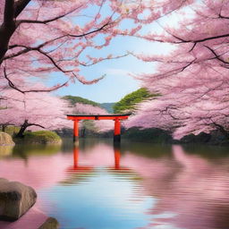 A serene scene of cherry blossoms in full bloom in Japan