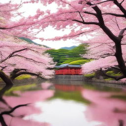 A serene scene of cherry blossoms in full bloom in Japan