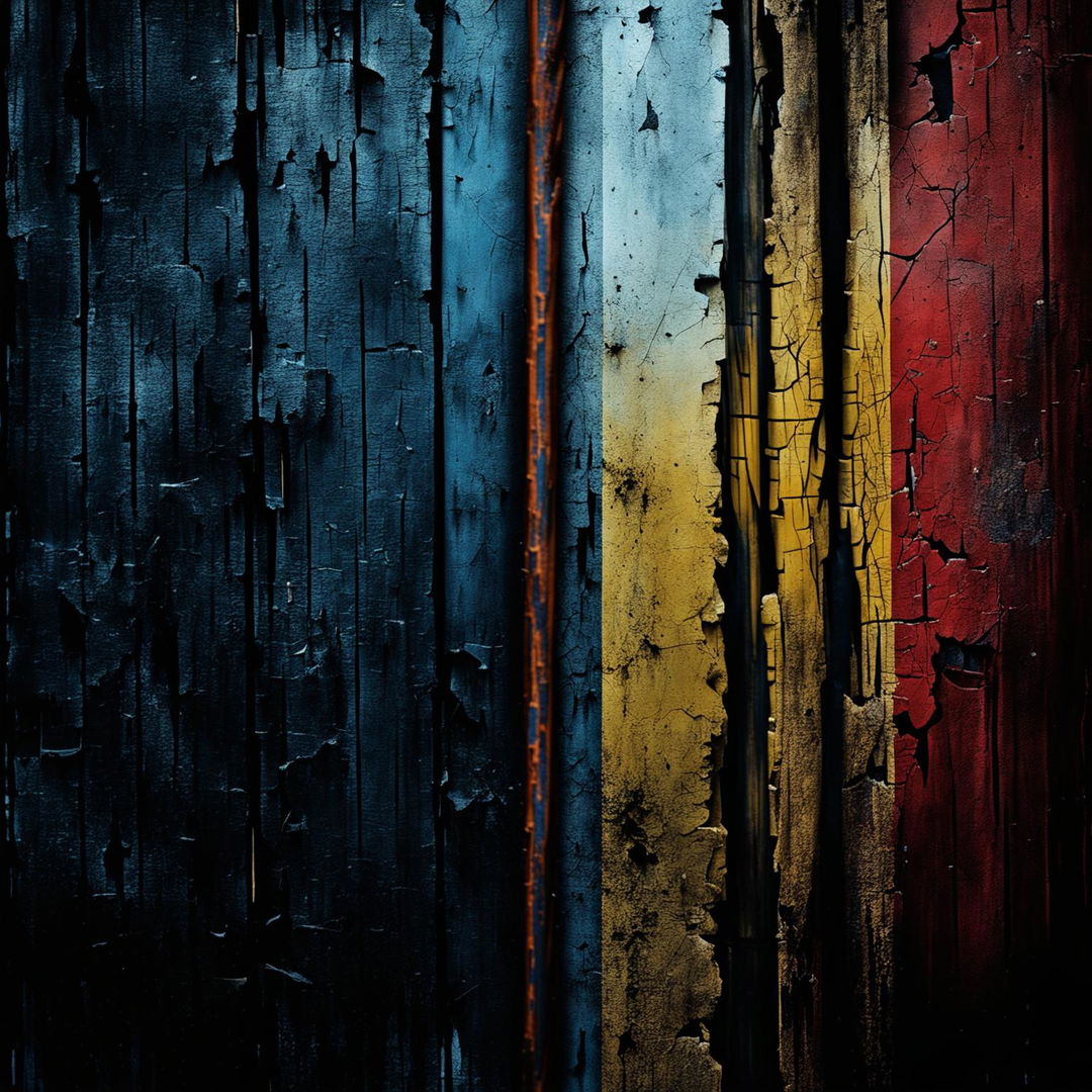 A dark background with tattered, torn, and cracked Romanian flag colors, featuring a rusted iron rod