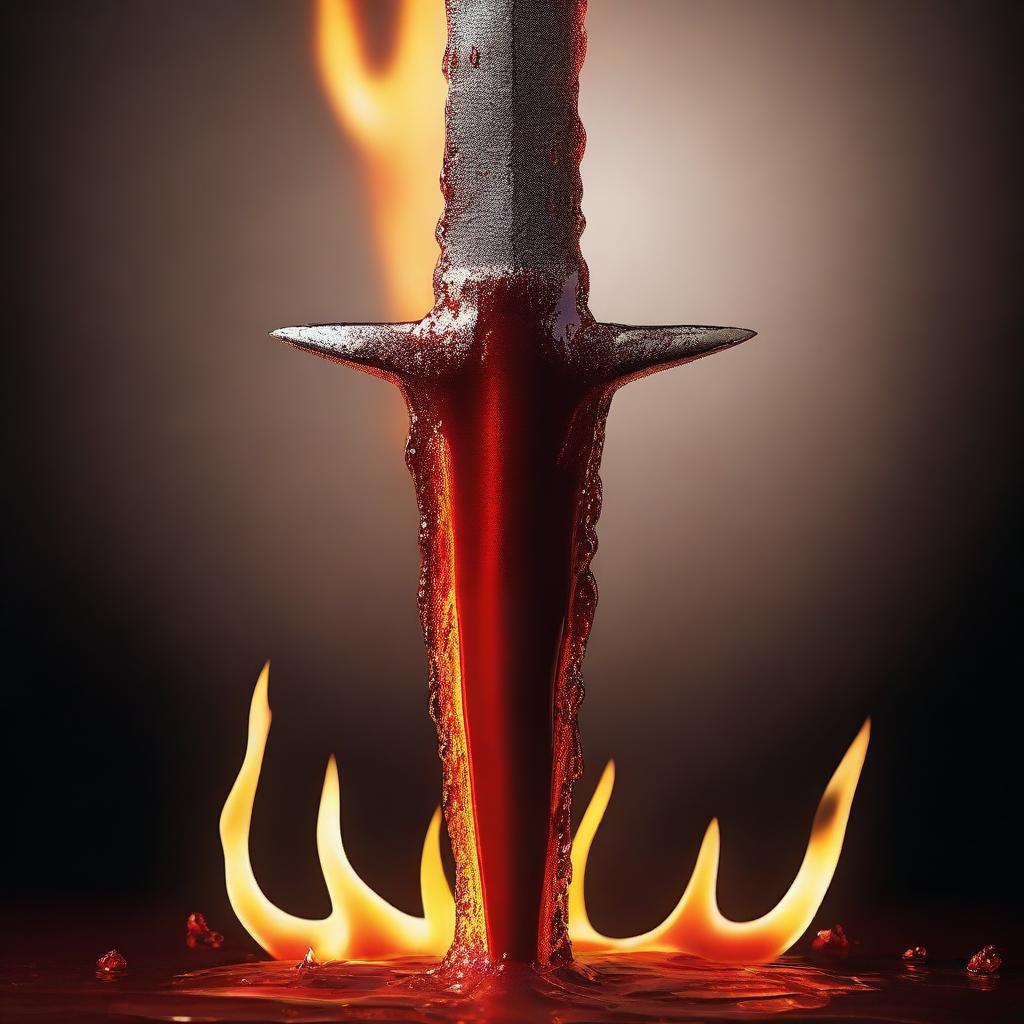 A detailed image of a dagger dripping blood over a flame