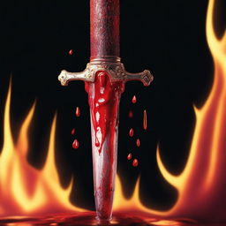 A detailed image of a dagger dripping blood over a flame