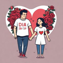 A romantic Valentine's Day t-shirt design featuring hearts, roses, and a loving couple holding hands