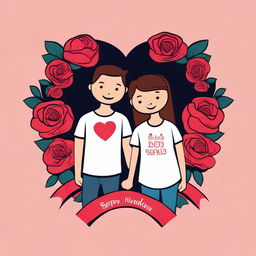 A romantic Valentine's Day t-shirt design featuring hearts, roses, and a loving couple holding hands