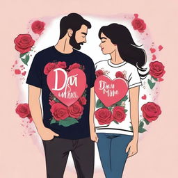 A romantic Valentine's Day t-shirt design featuring hearts, roses, and a loving couple holding hands