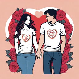 A romantic Valentine's Day t-shirt design featuring hearts, roses, and a loving couple holding hands