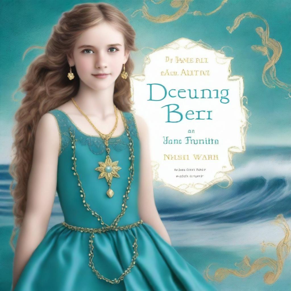 Design a book cover that has a realistic full-body image of a 13-year-old girl wearing a gorgeous, flowing sea blue dress embroidered with gold waves