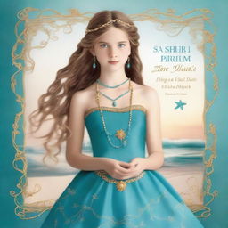 Design a book cover that has a realistic full-body image of a 13-year-old girl wearing a gorgeous, flowing sea blue dress embroidered with gold waves