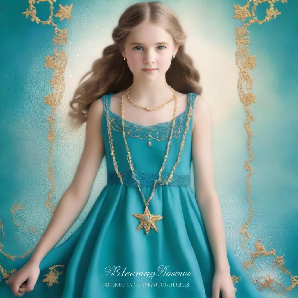 Design a book cover that has a realistic full-body image of a 13-year-old girl wearing a gorgeous, flowing sea blue dress embroidered with gold waves