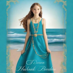 Design a book cover that has a realistic full-body image of a 13-year-old girl wearing a gorgeous, flowing sea blue dress embroidered with gold waves