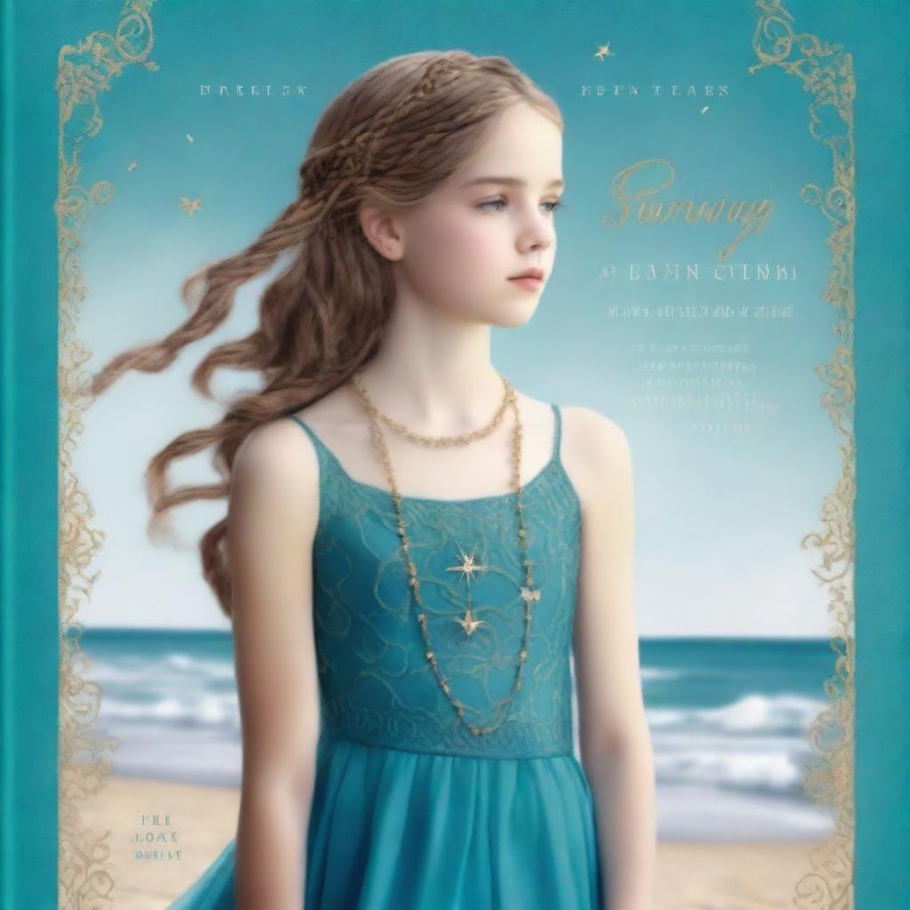 Design a book cover that has a realistic full-body image of a 13-year-old girl wearing a gorgeous, flowing sea blue dress embroidered with gold waves