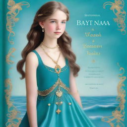 Design a book cover that has a realistic full-body image of a 13-year-old girl wearing a gorgeous, flowing sea blue dress embroidered with gold waves