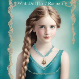 Design a book cover that has a realistic full-body image of a 13-year-old girl wearing a gorgeous, flowing sea blue dress embroidered with gold waves