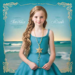 Design a book cover that has a realistic full-body image of a 13-year-old girl wearing a gorgeous, flowing sea blue dress embroidered with gold waves