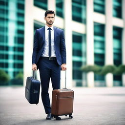 A man holding a suitcase, standing in a modern urban environment