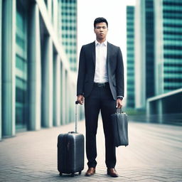 A man holding a suitcase, standing in a modern urban environment