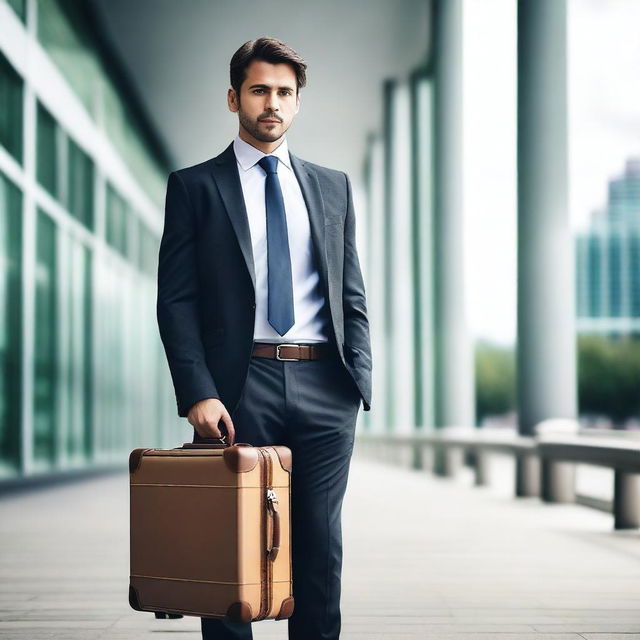 A man holding a suitcase, standing in a modern urban environment