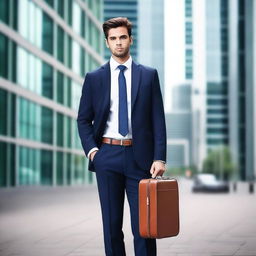 A man holding a suitcase, standing in a modern urban environment