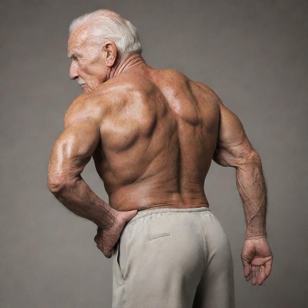 A muscular 100 year old man bodybuilder posing from the side and back.